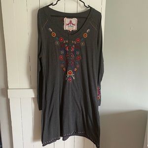 Johnny Was Charcoal Gray Henley Embroidered Dress